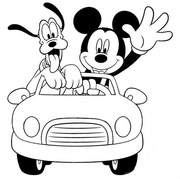 Myszka Miki i Pluto jadą samochodem - kolorowanka