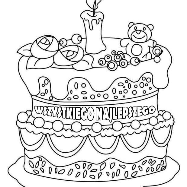 Napis z tortem wszystkiego najlepszego - kolorowanka dla dzieci