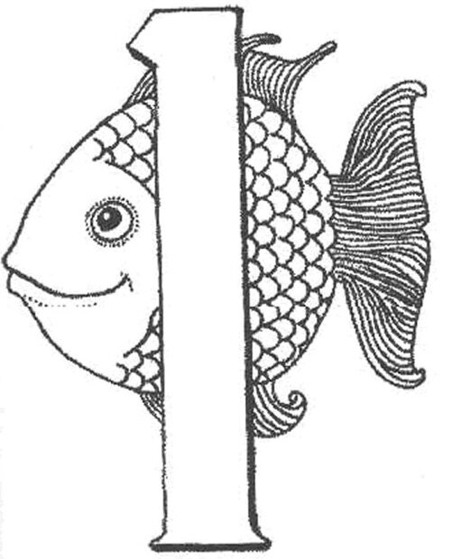 Cyferka 1 - jeden z rybką w tle do kolorowania