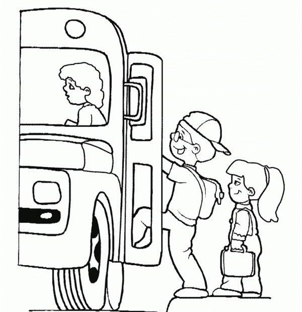 Dzieci wsiadają do autobusu szkolnego kolorowanka