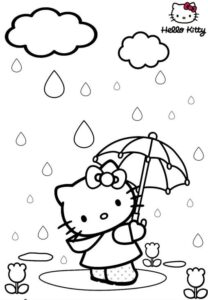 Hello Kitty na deszczu z parasolką - kolorowanka