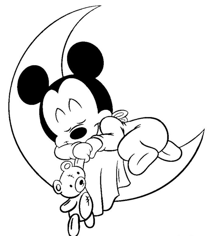 Kolorowanka dla dzieci z Myszką Miki śpiącą na księżycu