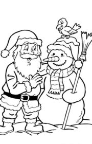 Kolorowanka na Boże Narodzenie z Mikołajem i śnieżnym bałwankiem