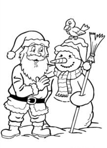 Kolorowanka na Boże Narodzenie z Mikołajem i śnieżnym bałwankiem
