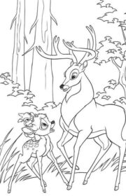 Kolorowanka z Bambi i jego matką w lesie