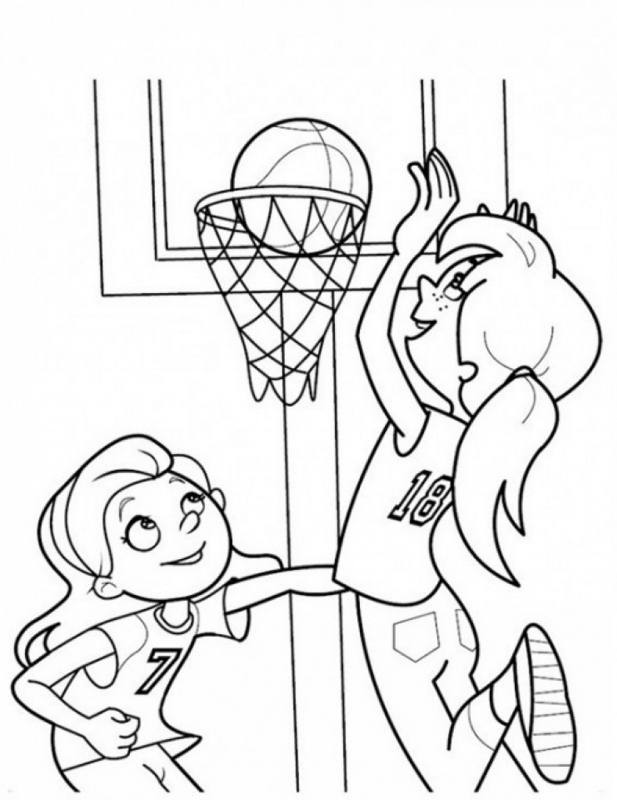 Kolorowanka z dziewczynkami grającymi w koszykówkę