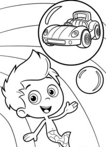 Kolorowanka z gupikiem Gil i samochodem w bańce