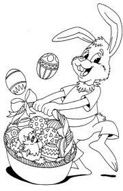 Kolorowanka z króliczkiem i koszykiem pełnym pisanek wielkanocnych