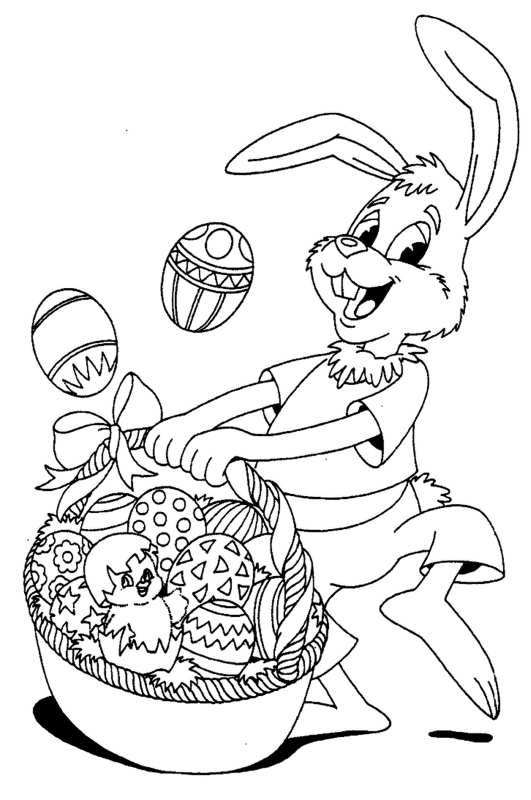 Kolorowanka z króliczkiem i koszykiem pełnym pisanek wielkanocnych