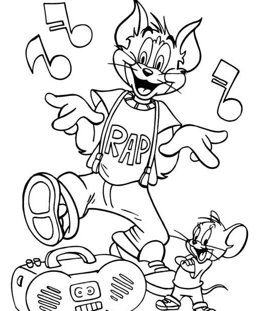 Kolorowanka z Tom'em i Jerry'm tańczącymi do muzyki rapowej
