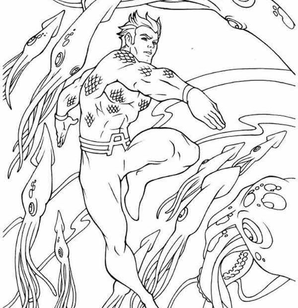 Kolorowanka z walczącym bohaterem z bajki Aquaman