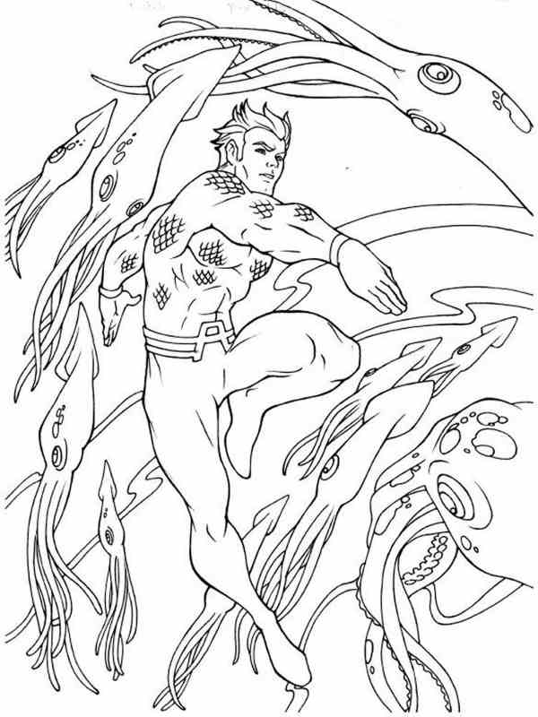 Kolorowanka z walczącym bohaterem z bajki Aquaman