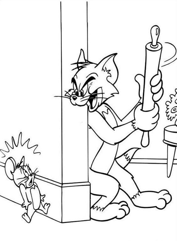 Kot Tom łapie myszkę Jerry - kolorowanka do druku