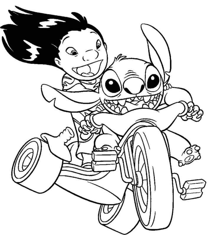 Lilo i Stich pędzą na rowerku dla dzieci - kolorowanka