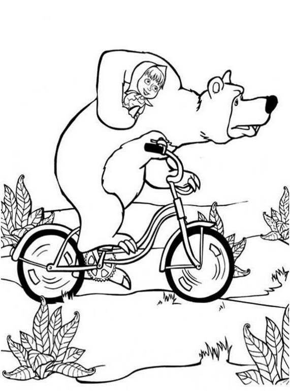 Masza i Niedźwiedź jadą na rowerze - kolorowanka do druku