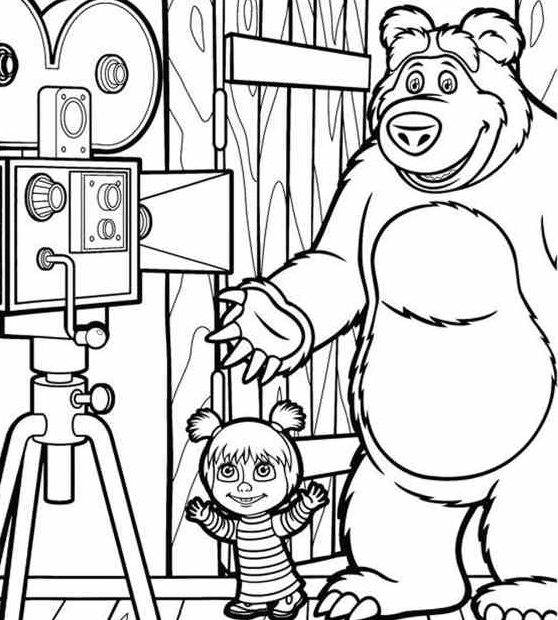 Masza i Niedźwiedź nagrywają film - kolorowanka do wydruku