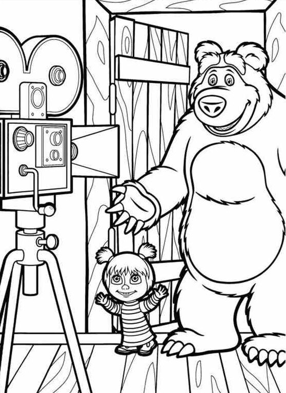 Masza i Niedźwiedź nagrywają film - kolorowanka do wydruku