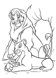Matka Sarabi i ojciec Mufasa z małym Simbą - kolorowanka
