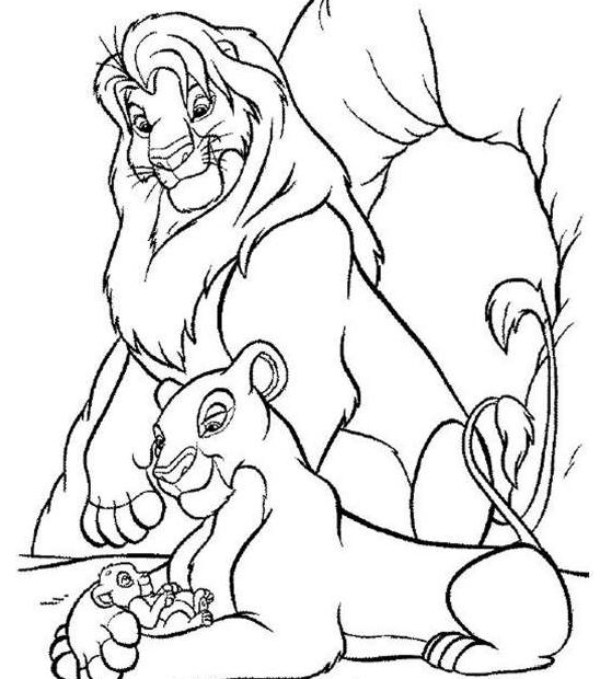 Matka Sarabi i ojciec Mufasa z małym Simbą - kolorowanka