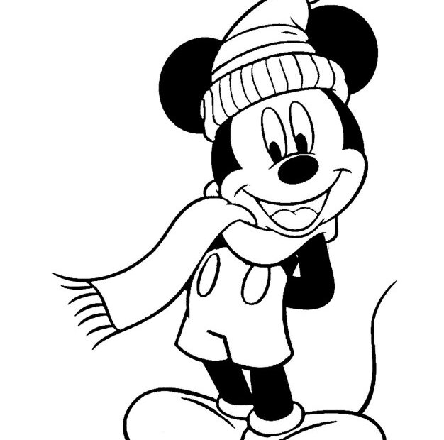 Myszka Miki w czapce i szaliku - kolorowanka