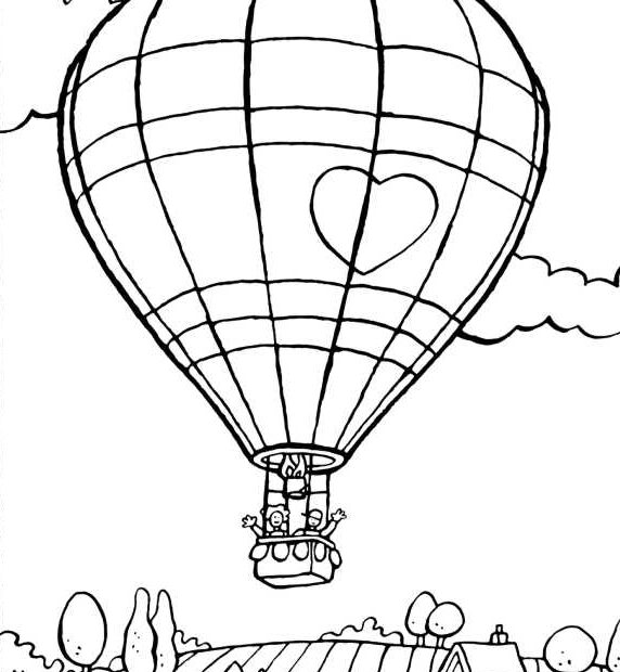 Piękny obrazek z balonem lecącym nad wsią - kolorowanka