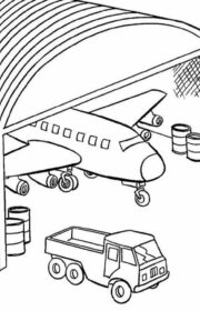 Samolot w hangarze - kolorowanka dla dzieci do wydruku