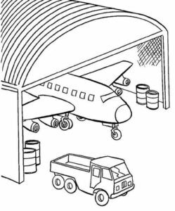 Samolot w hangarze - kolorowanka dla dzieci do wydruku