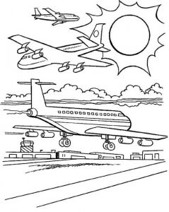 Startujący samolot z lotniska - kolorowanka do wydruku