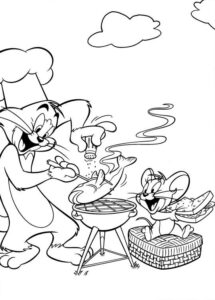 Tom i Jerry przyrządzają rybkę z grilla - kolorowanka