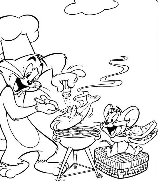Tom i Jerry przyrządzają rybkę z grilla - kolorowanka
